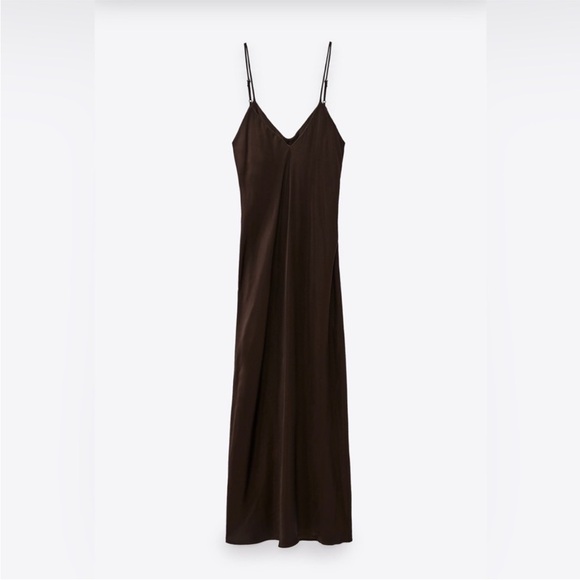 Zara Gathered Slip Midi Dress in Brown Size Large - Picture 6 of 12